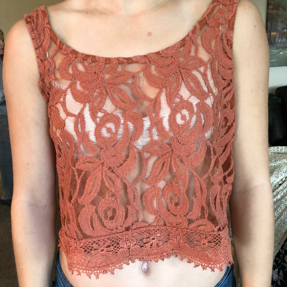 Burnt orange sheer floral crop top!